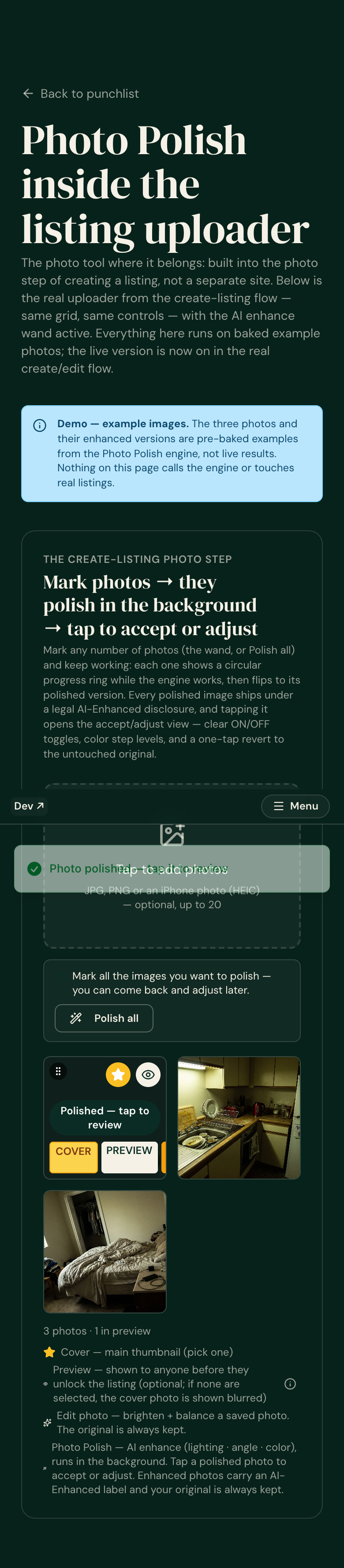 The 'AI-Enhanced' disclosure badge present on the enhanced photo.