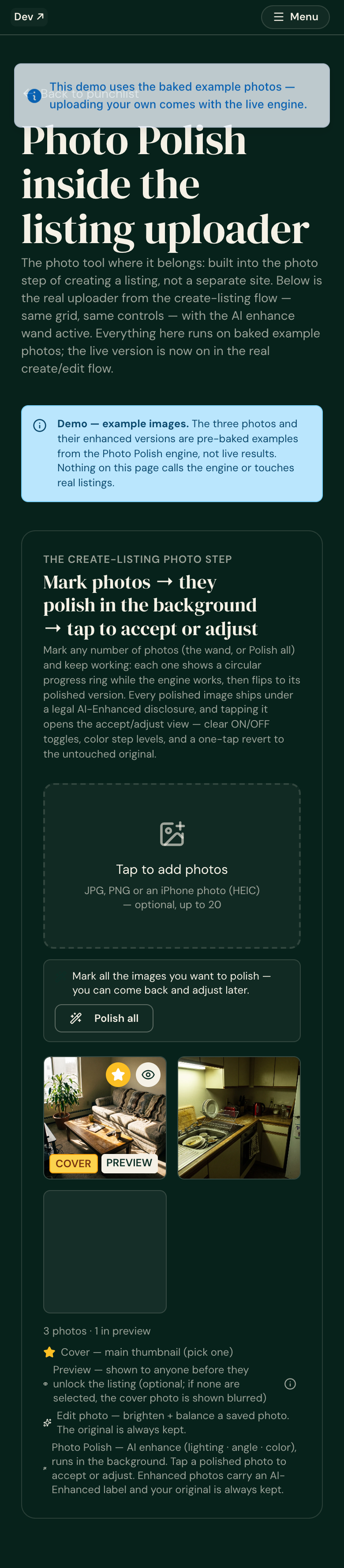 Prod demo uploader at 390px right after adding 3 photos — NO Photo Polish dialog