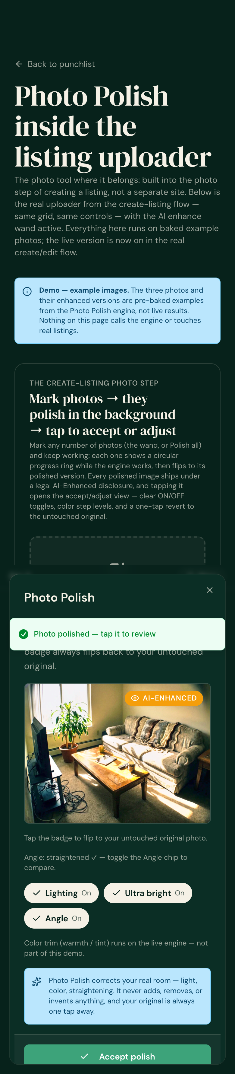 Full page with the dialog open. The WARMTH / TINT colour section is replaced by 