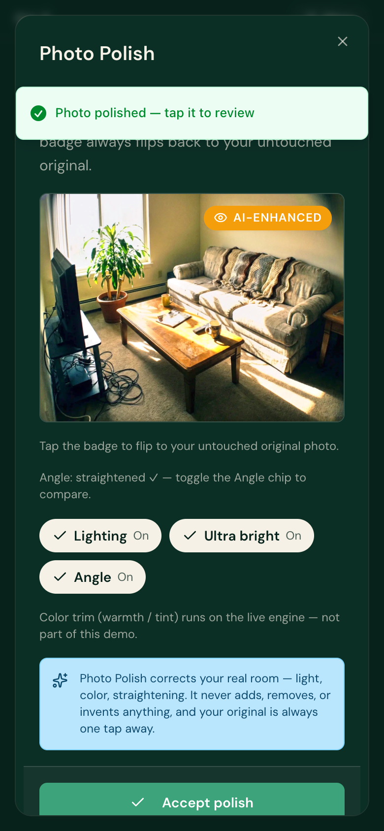The real Photo Polish dialog at 390px. NOTE THE BUG: the green 'Photo polished —