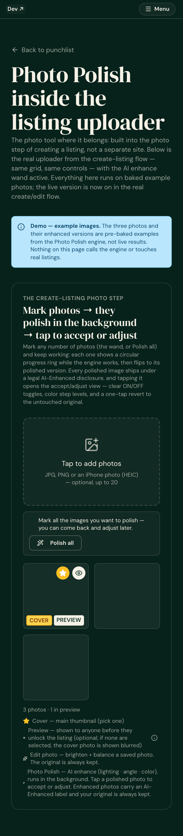 /dev/preview/roomcast-uploader at 390px — the real uploader components, wand + '