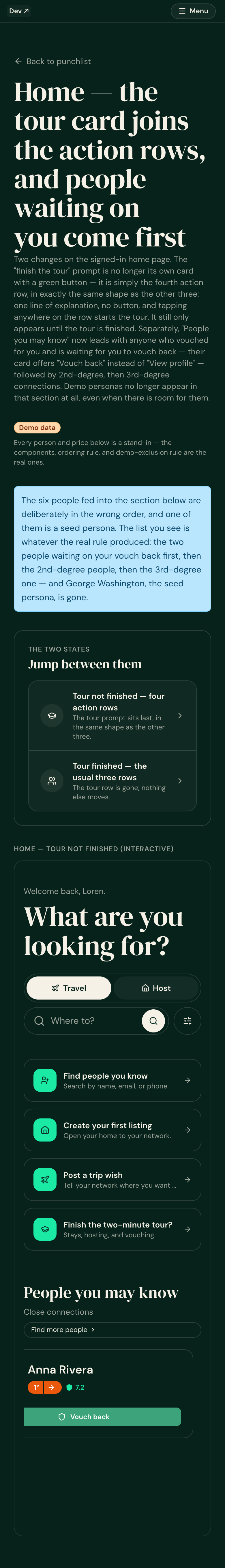 390px. Tour row is the 4th row, same shape, no button, subhead 'Stays, hosting, 